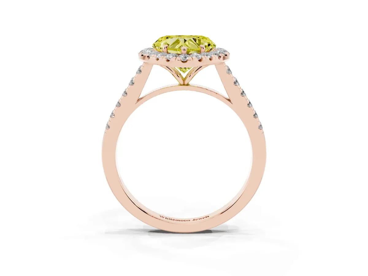 Fancy Yellow Heart Cut Halo Pave Diamond Engagement Ring with Four-Prong Setting Rose gold