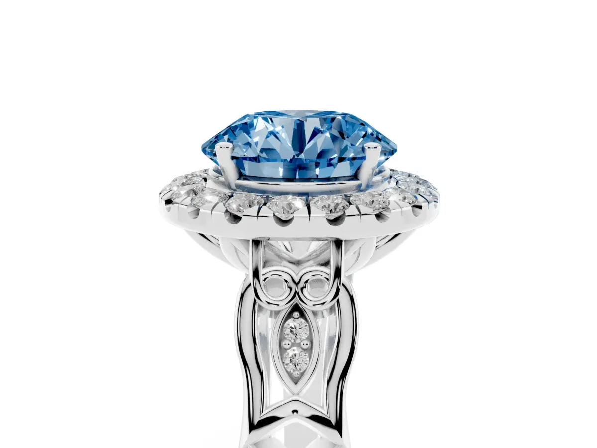 Fancy Blue Round Cut Halo Diamond Engagement Ring with Filigree Band and Four-Prong Setting White gold