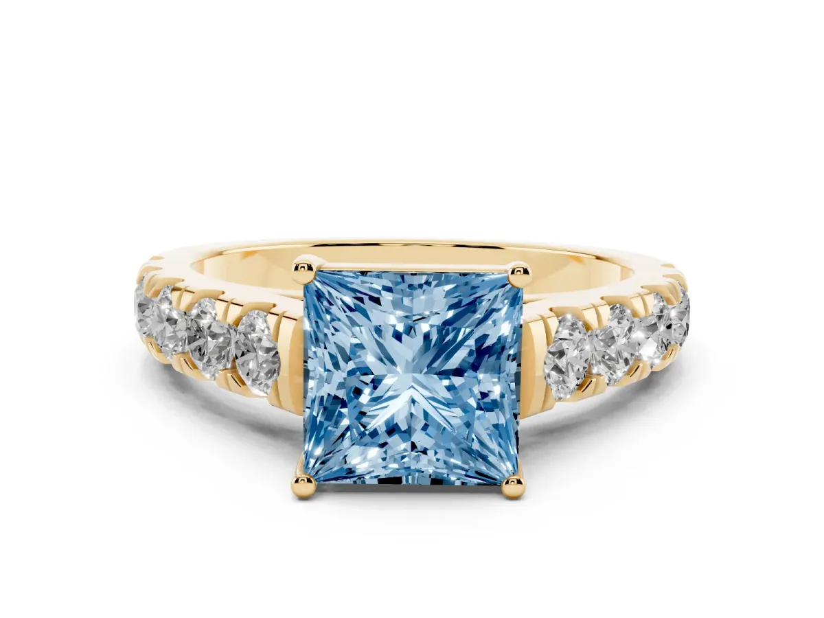 Fancy Blue Princess Cut Cut Diamond Solitaire Ring with Micro Pave Band and Prong Setting Yellow gold
