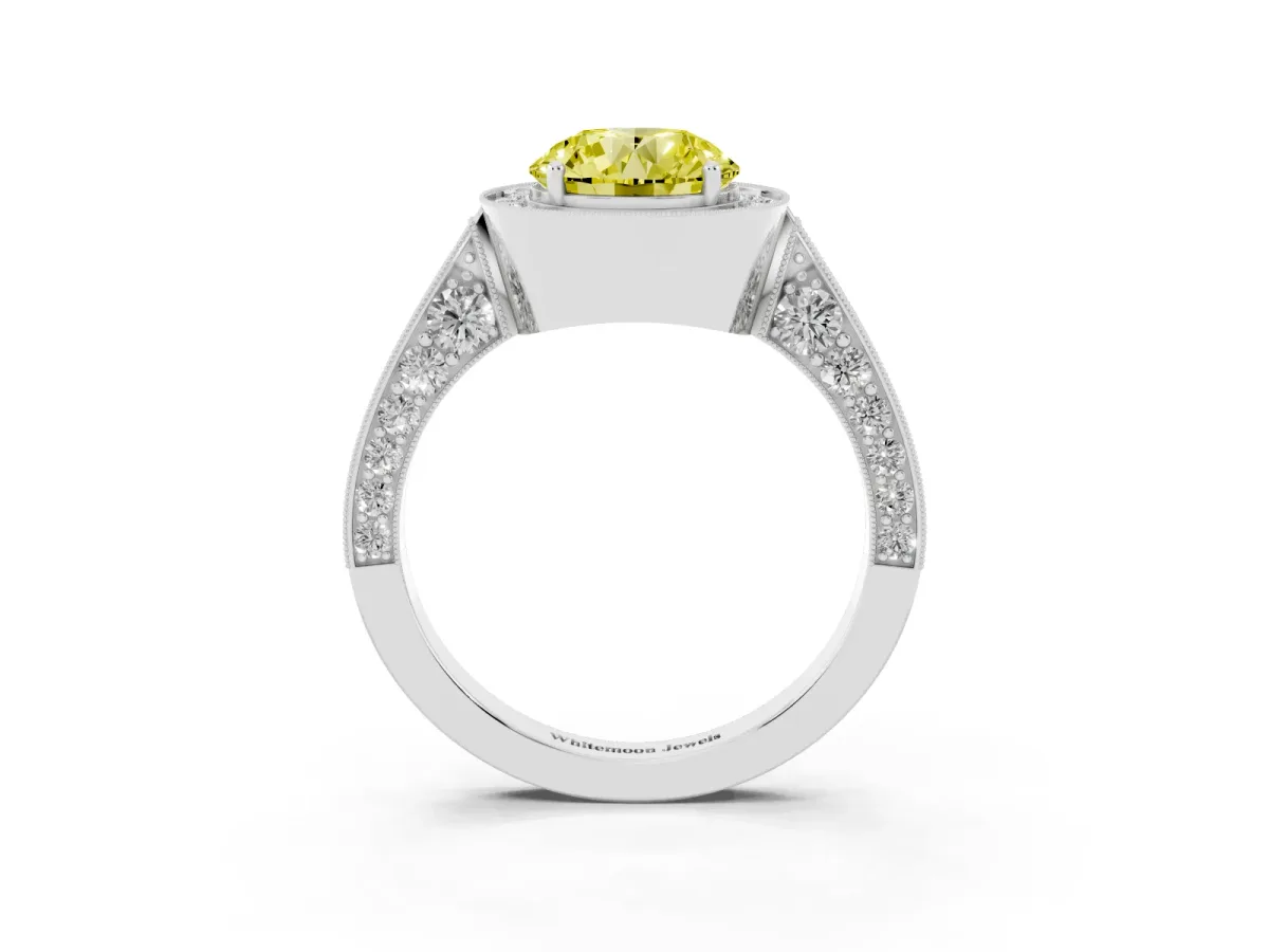 Fancy Yellow Round Cut Halo Diamond Engagement Ring with Split Shank Band and Four-Prong Setting Platinum