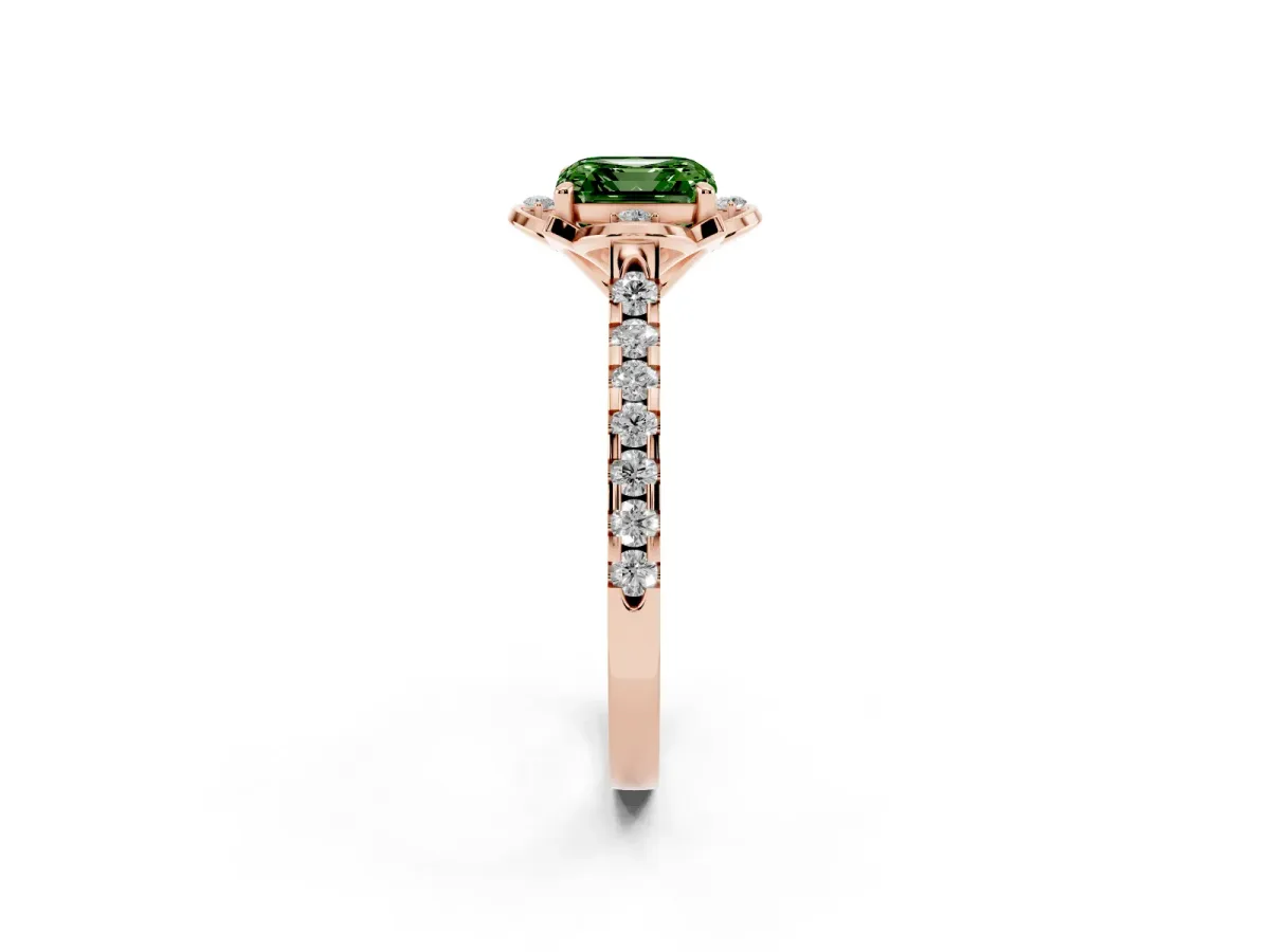 Fancy Green Asscher Cut Diamond Ring with Pavé Band and Floral Prong Setting Rose gold