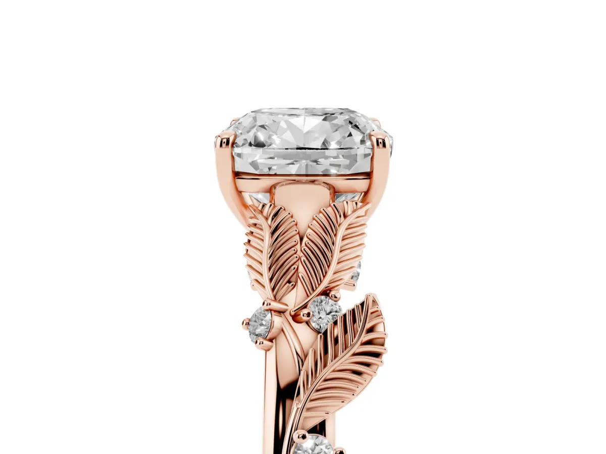 Cushion Cut Diamond Solitaire Ring with Leaf Motif Band and Four-Prong Setting Rose gold