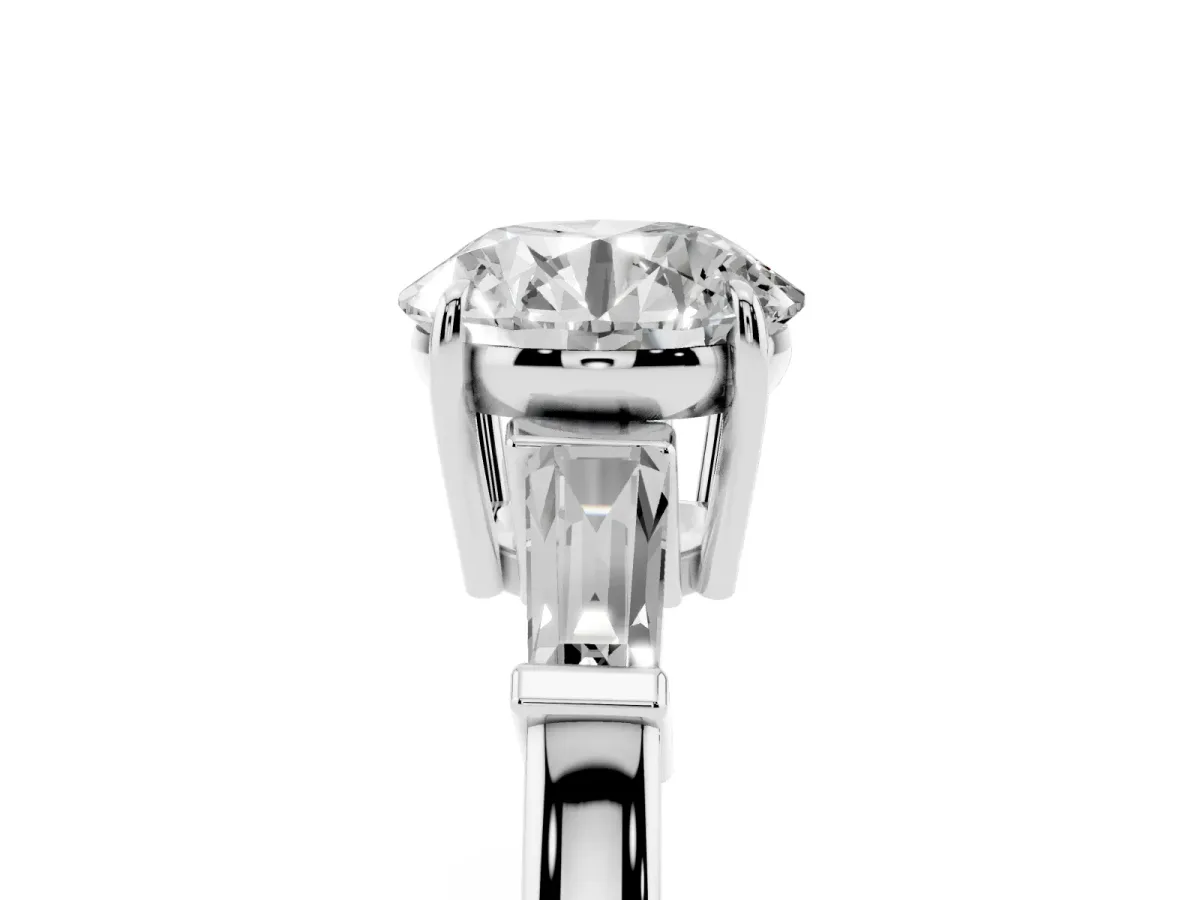 Round Cut Diamond Three-Stone Ring with Tapered Baguette Side Stones and Prong Setting Silver