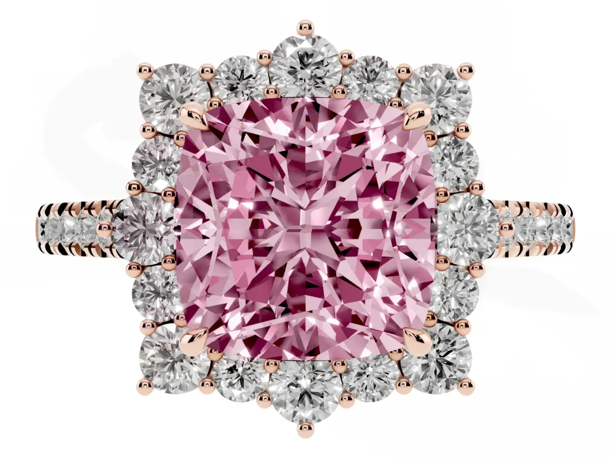 Fancy Pink Cushion Cut Halo Diamond Ring with Pavé Band and Prong Setting Rose gold