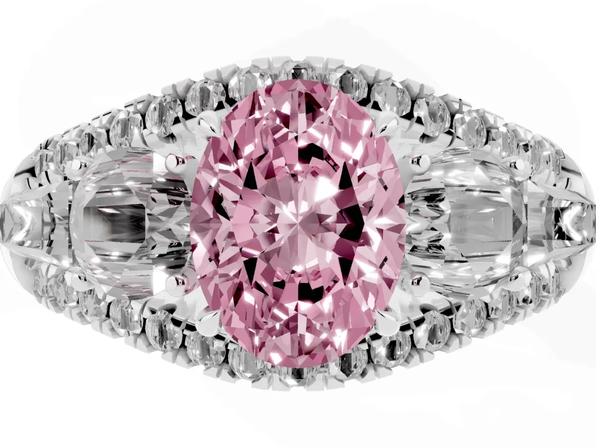 Fancy Pink Three-Stone Oval Cut Diamond Engagement Ring with Pave Band and Prong Setting Silver