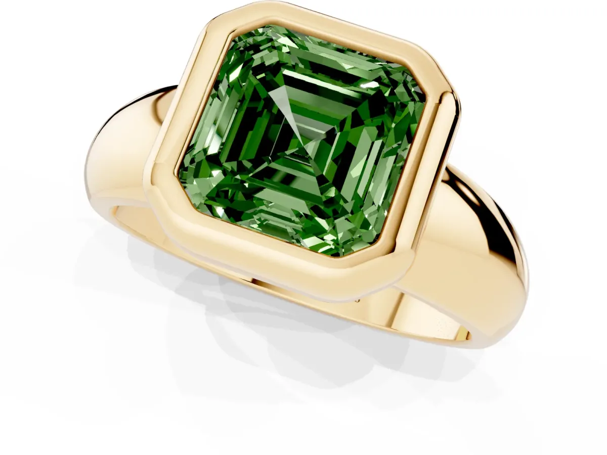 Fancy Green Bezel Set Asscher Cut Solitaire Ring with Wide Band Yellow gold