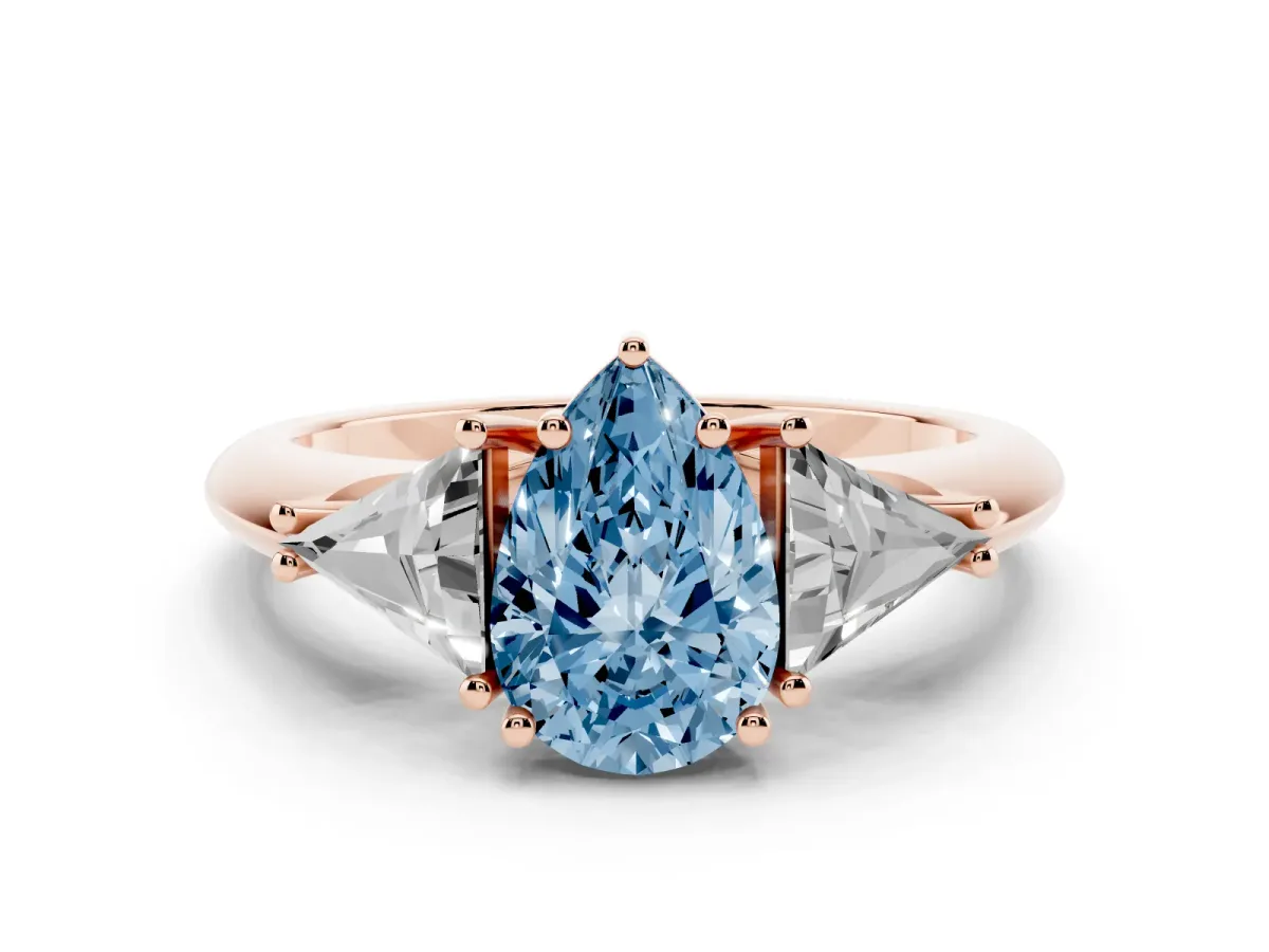 Fancy Blue Three-Stone Pear Cut Diamond Engagement Ring with Trillion Side Stones and Prong Setting Rose gold