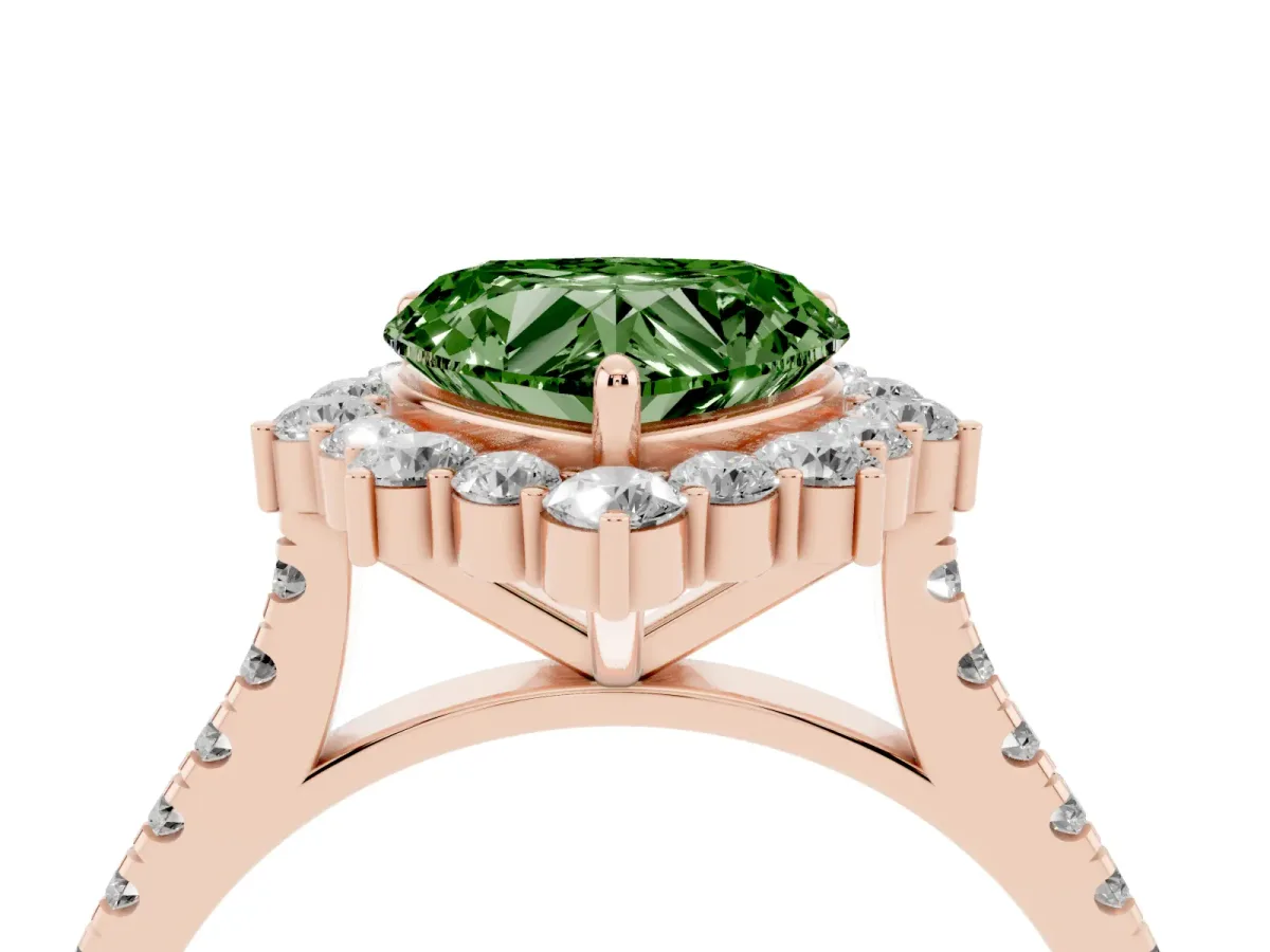 Fancy Green Heart Cut Halo Diamond Ring with Pavé Band and Prong Setting Rose gold