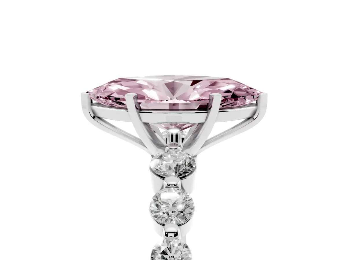 Fancy Pink Marquise Cut Solitaire Diamond Ring with Pave Band and Four-Prong Setting Silver