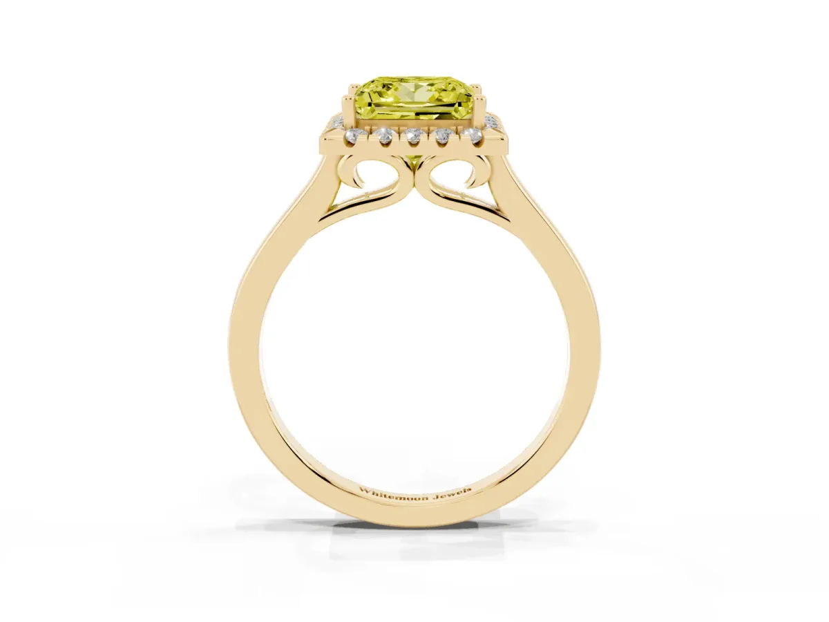 Fancy Yellow Princess Cut Halo Round Diamond Solitaire Ring with Pavé Band and Four-Prong Setting Yellow gold