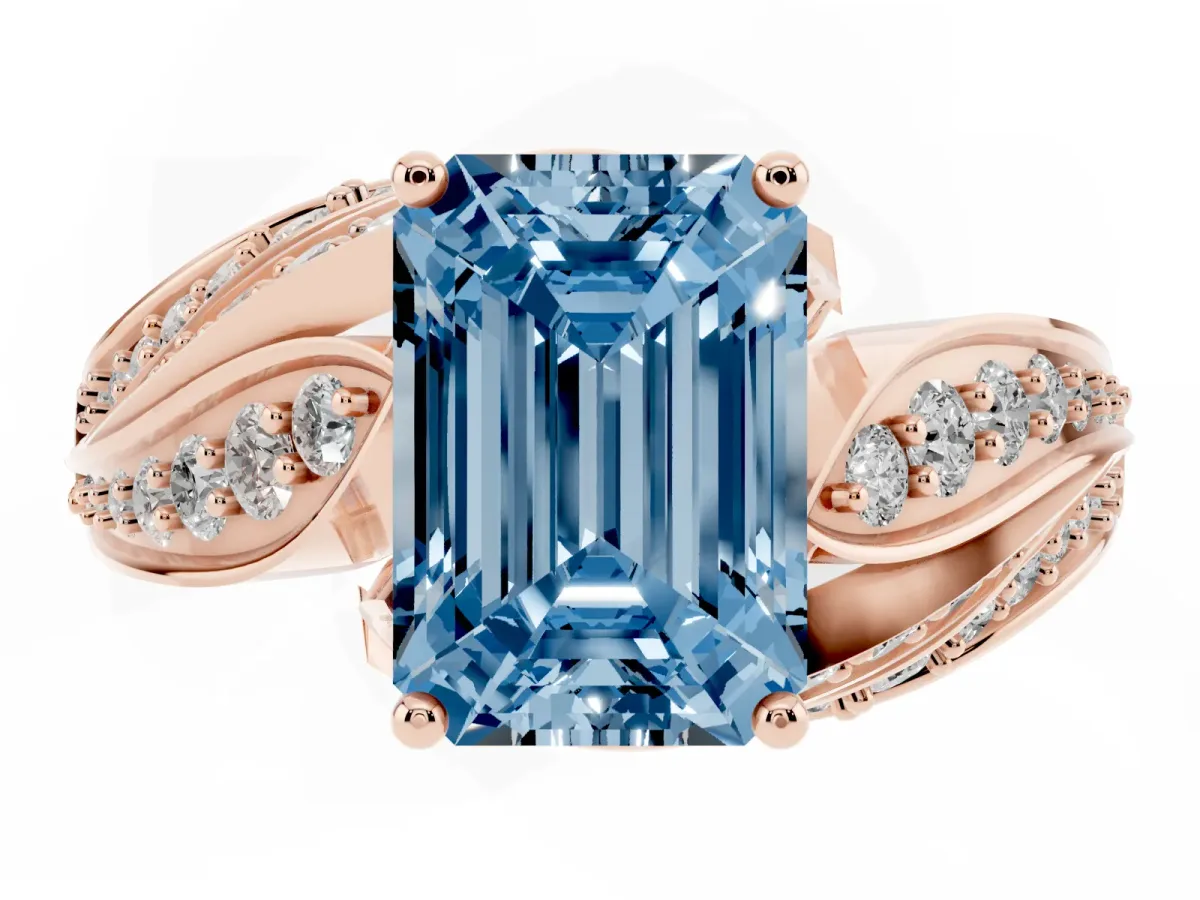 Fancy Blue Emerald Cut Diamond Solitaire Ring with Prong Setting and Twisted Pavé Band Rose gold