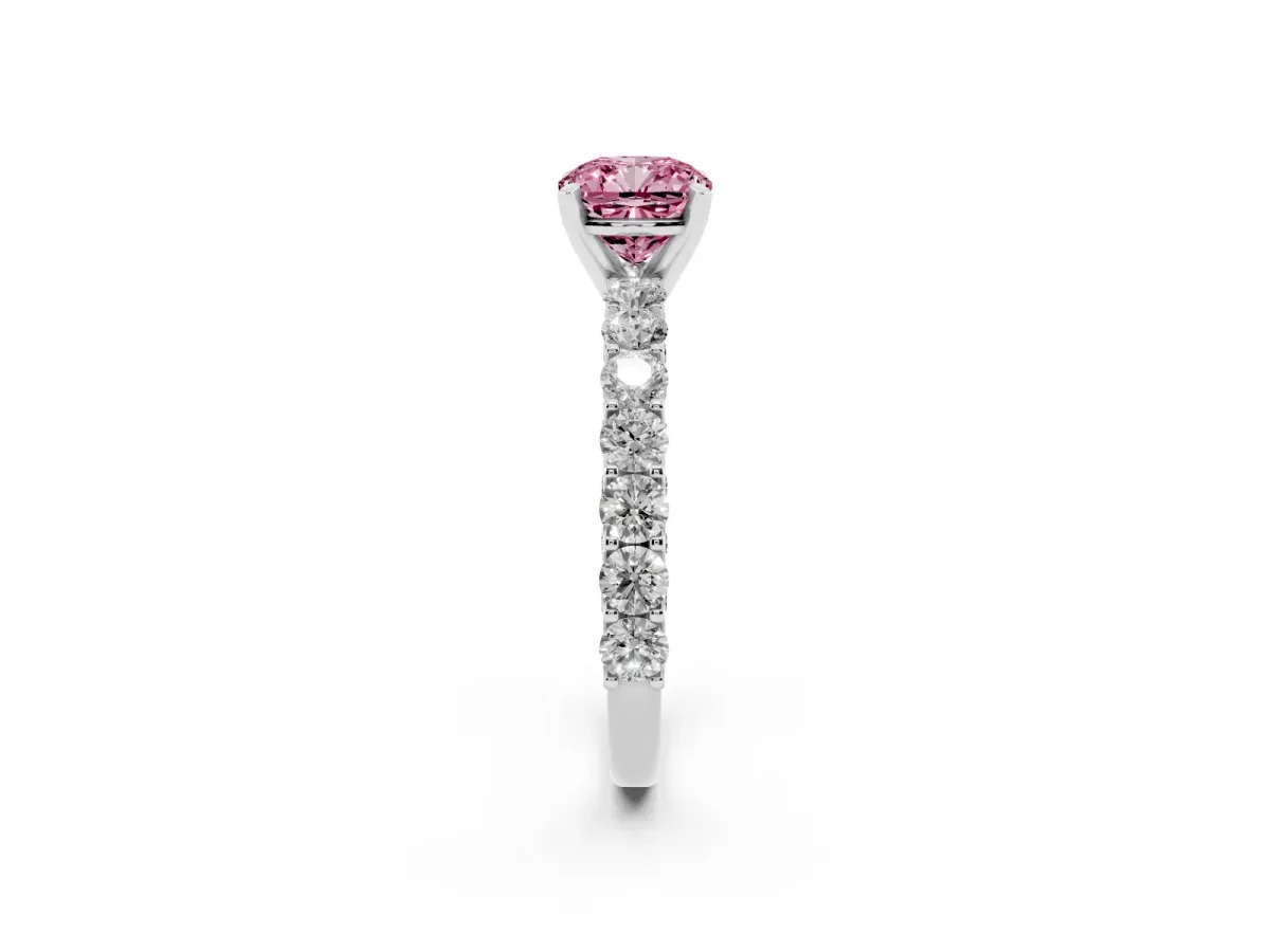 Fancy Pink Cushion Cut Diamond Solitaire Ring with Shared Prong Pavé Band and Four-Prong Setting Silver