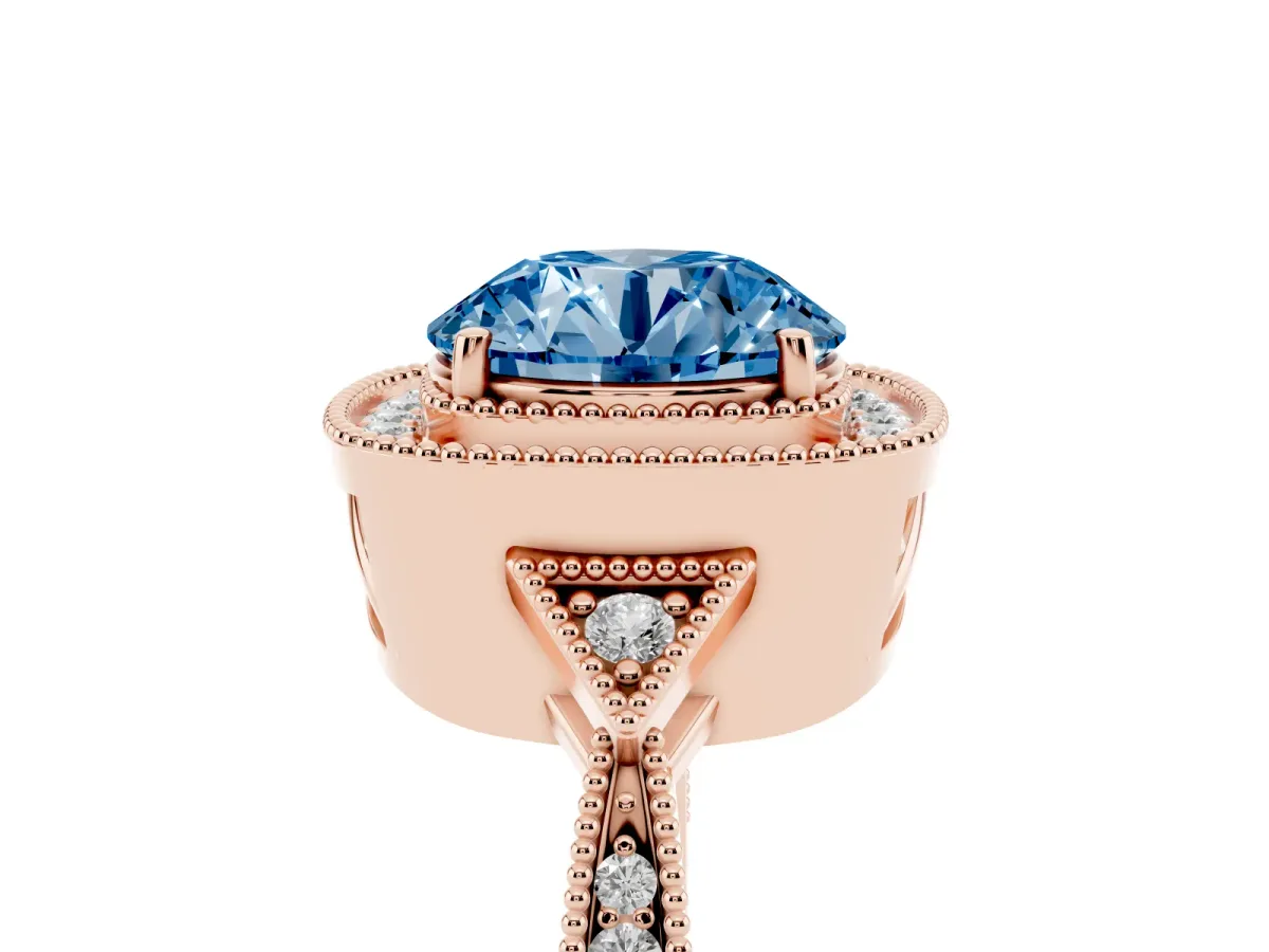 Fancy Blue Round Cut Halo Round Diamond Milgrain Pave Engagement Ring Rose gold