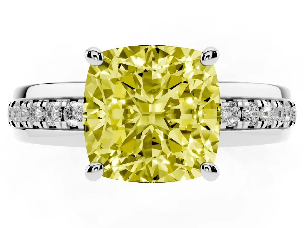 Fancy Yellow Cushion Cut Solitaire Diamond Ring with Channel Set Band and Six-Prong Setting Platinum
