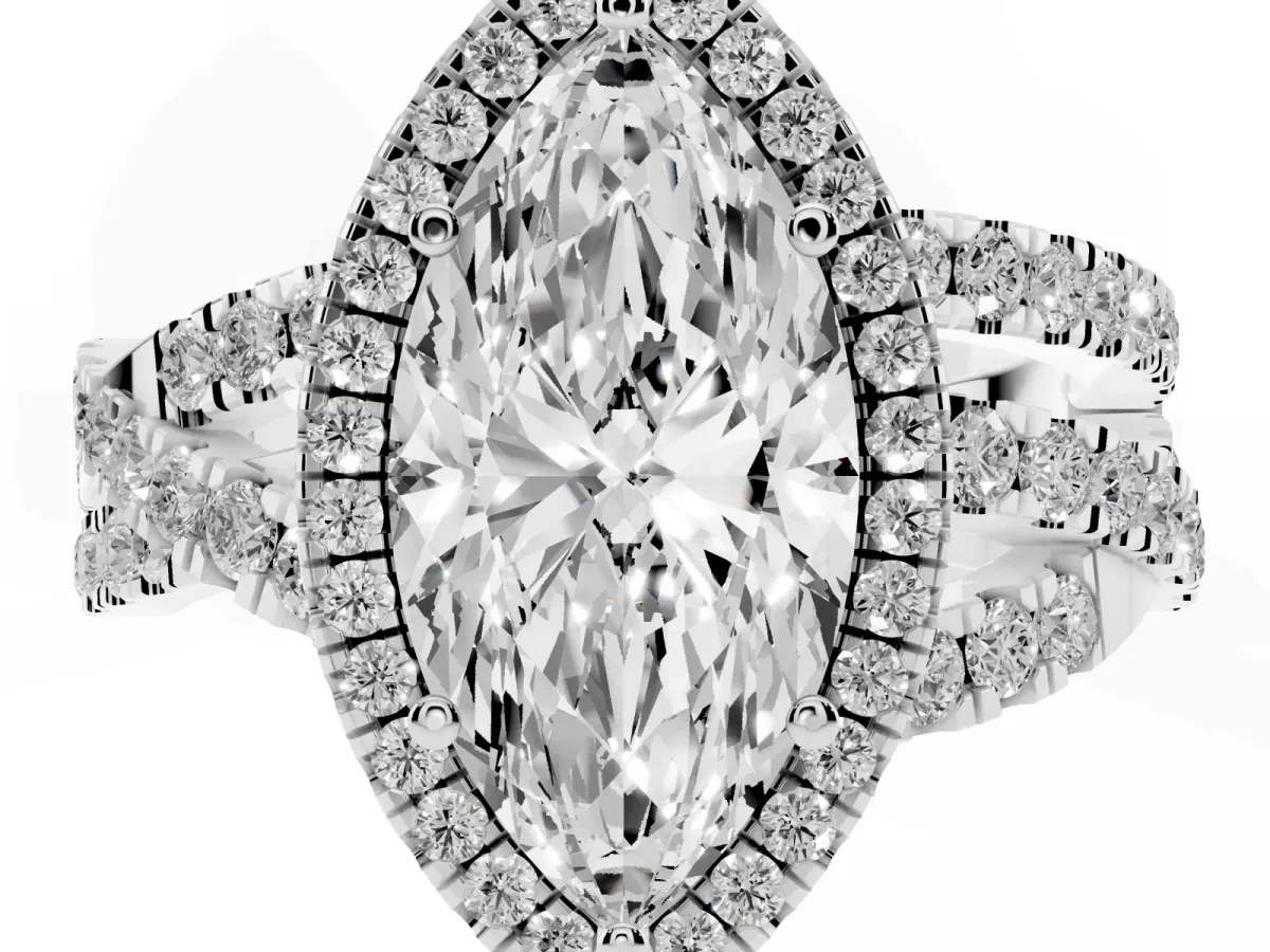 Marquise Cut Diamond Halo Ring with Round Split Shank and Prong Setting Silver