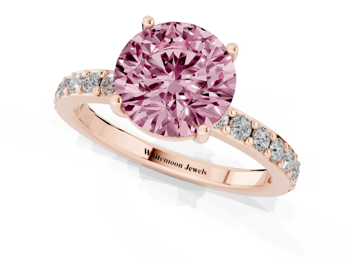 Fancy Pink Round Cut Cut Diamond Solitaire with Pave Band and Four-Prong Setting Rose gold