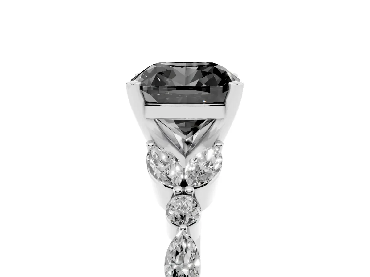 Fancy Black Cushion Cut Diamond Solitaire Ring with Side Stones and Four-Prong Setting Platinum