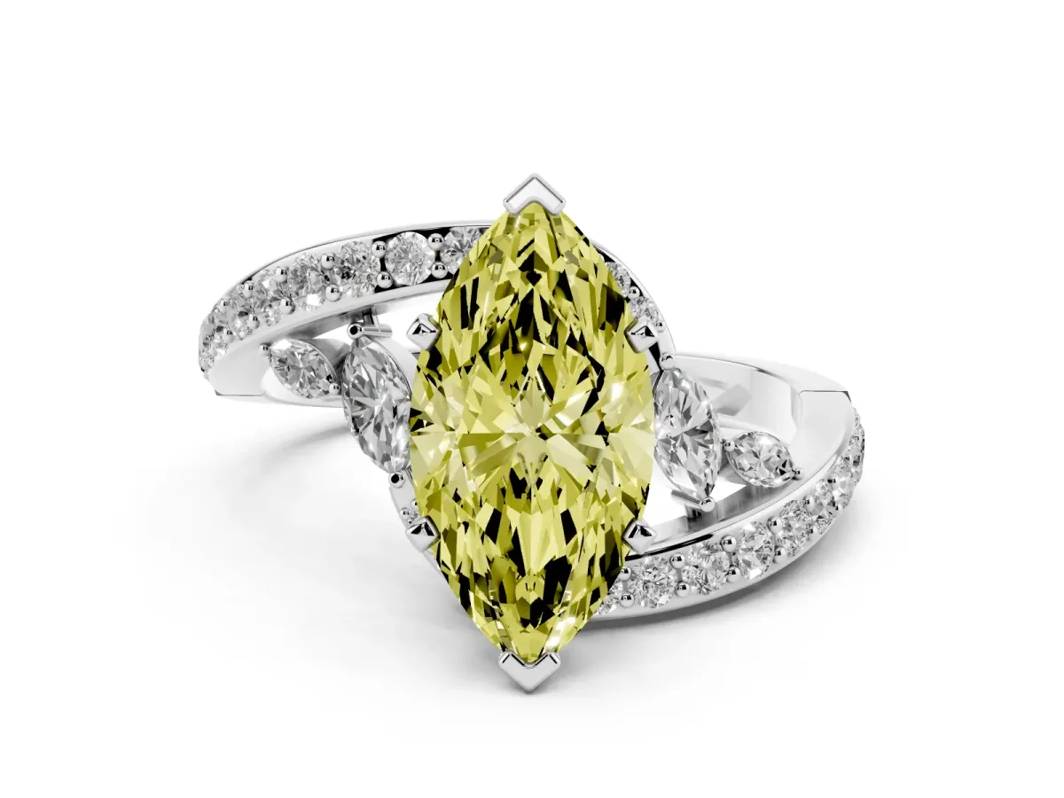 Fancy Yellow Marquise Cut Solitaire with Pavé Twist Band and Four-Prong Setting Platinum