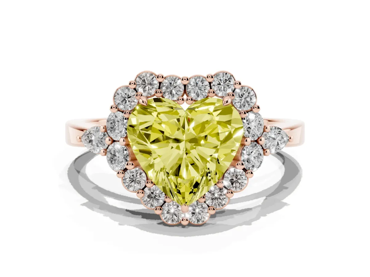 Fancy Yellow Heart Cut Diamond Halo Ring with Pear Side Stones and Prong Setting Rose gold