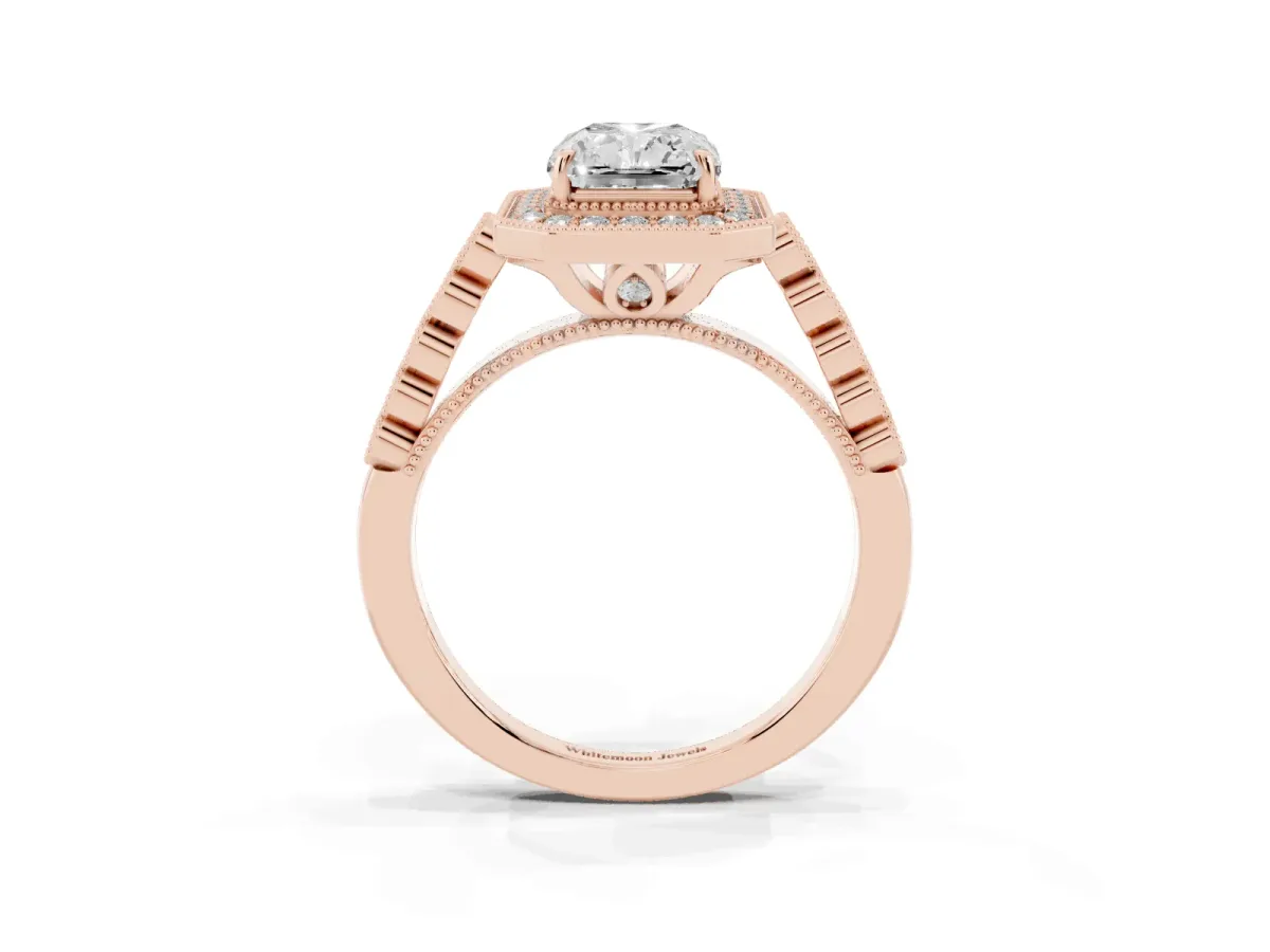 Radiant Cut Halo Milgrain Solitaire with Bezel Set Side Stones and Pave Band Rose gold