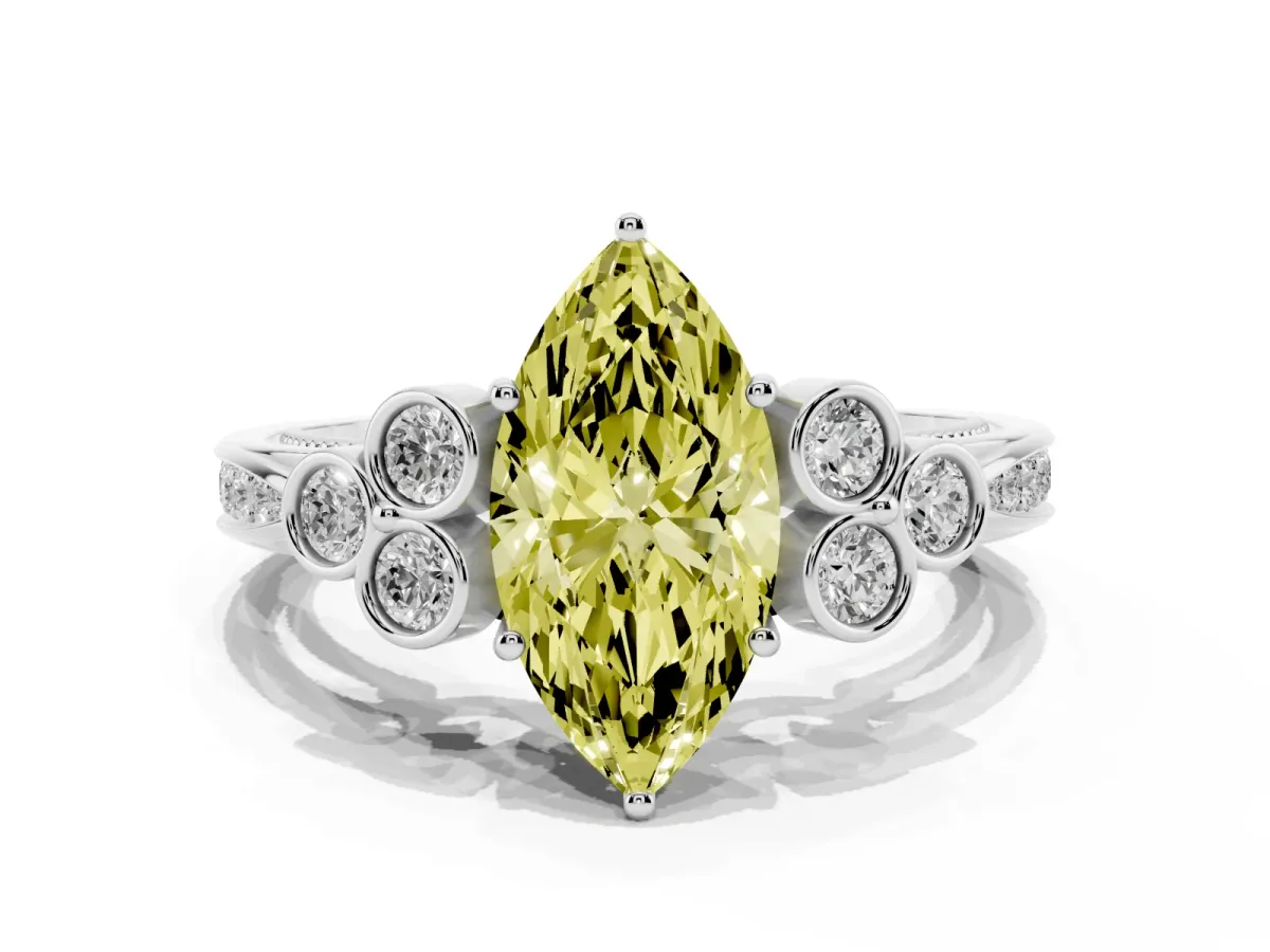 Fancy Yellow Marquise Cut Cut Diamond Engagement Ring with Bezel Set Round Side Stones and Prong Setting Silver