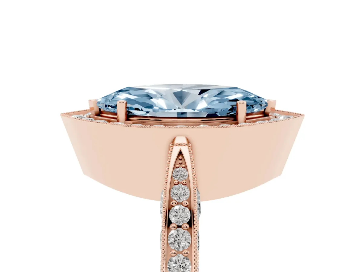Fancy Blue Marquise Cut Halo Diamond Engagement Ring with Split Shank Band and Four-Prong Setting Rose gold