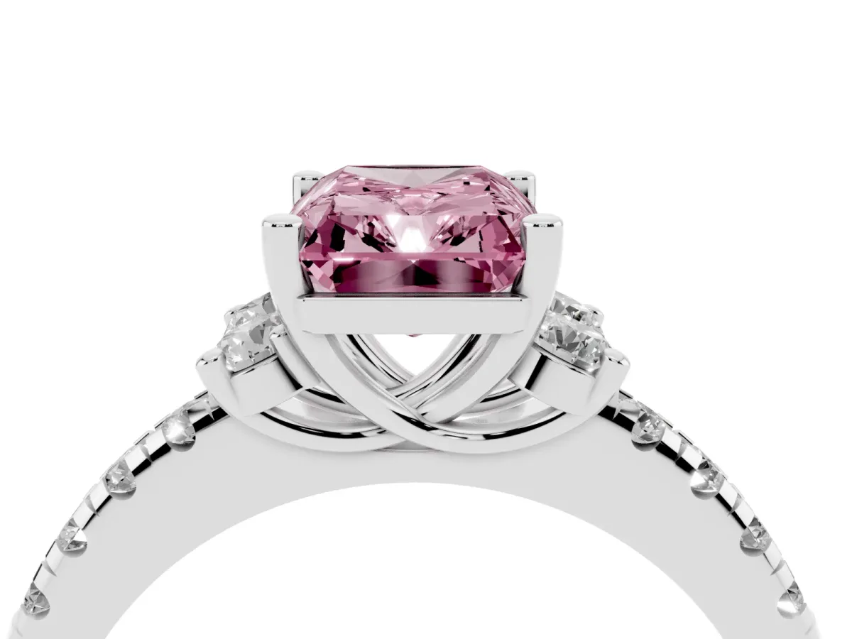 Fancy Pink Radiant Cut Diamond Three-Stone Pave Band with Four-Prong Setting Silver