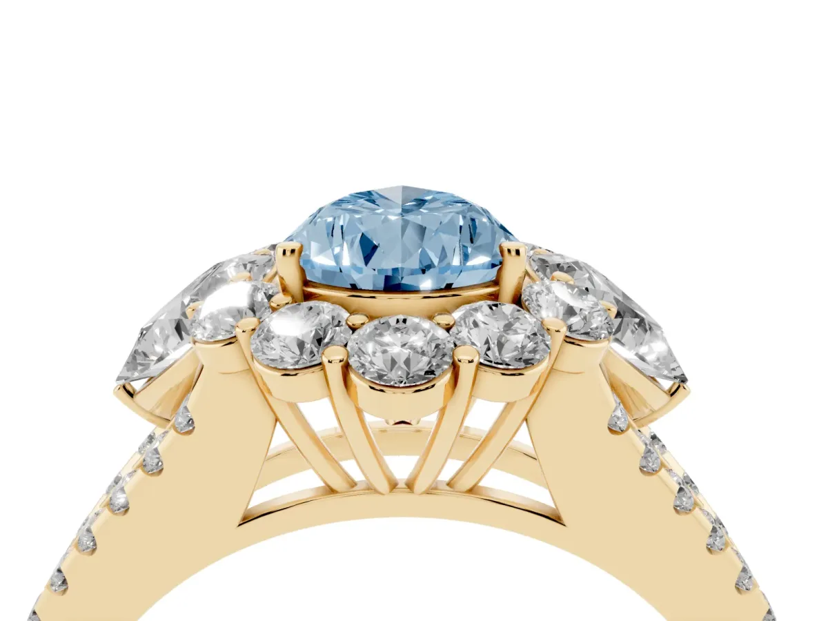 Fancy Blue Pear Cut Halo Split Shank Diamond Engagement Ring with Prong Setting Yellow gold