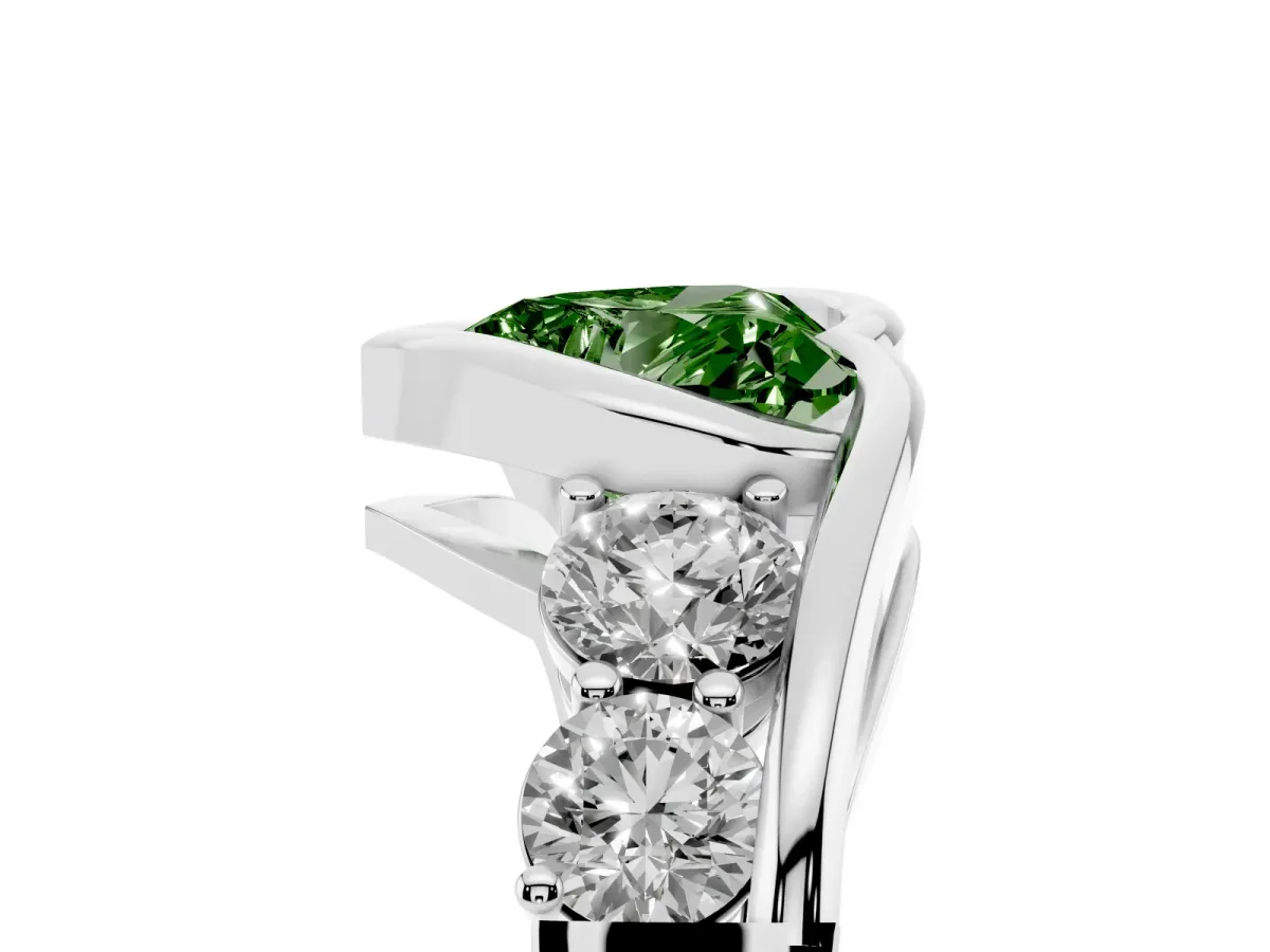 Fancy Green Bezel Set Heart Cut Diamond Bypass Ring with Round Accents Silver