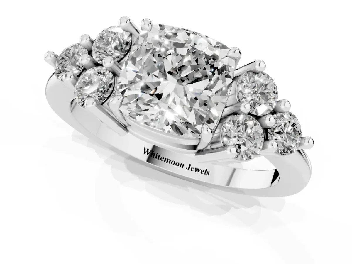 Cushion Cut Brilliant Diamond Cluster Accent Solitaire Ring with Prong Setting White gold