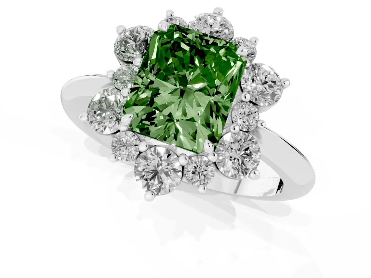 Fancy Green Radiant Cut Diamond Cluster Halo Ring with Solitaire Band and Four-Prong Setting Silver