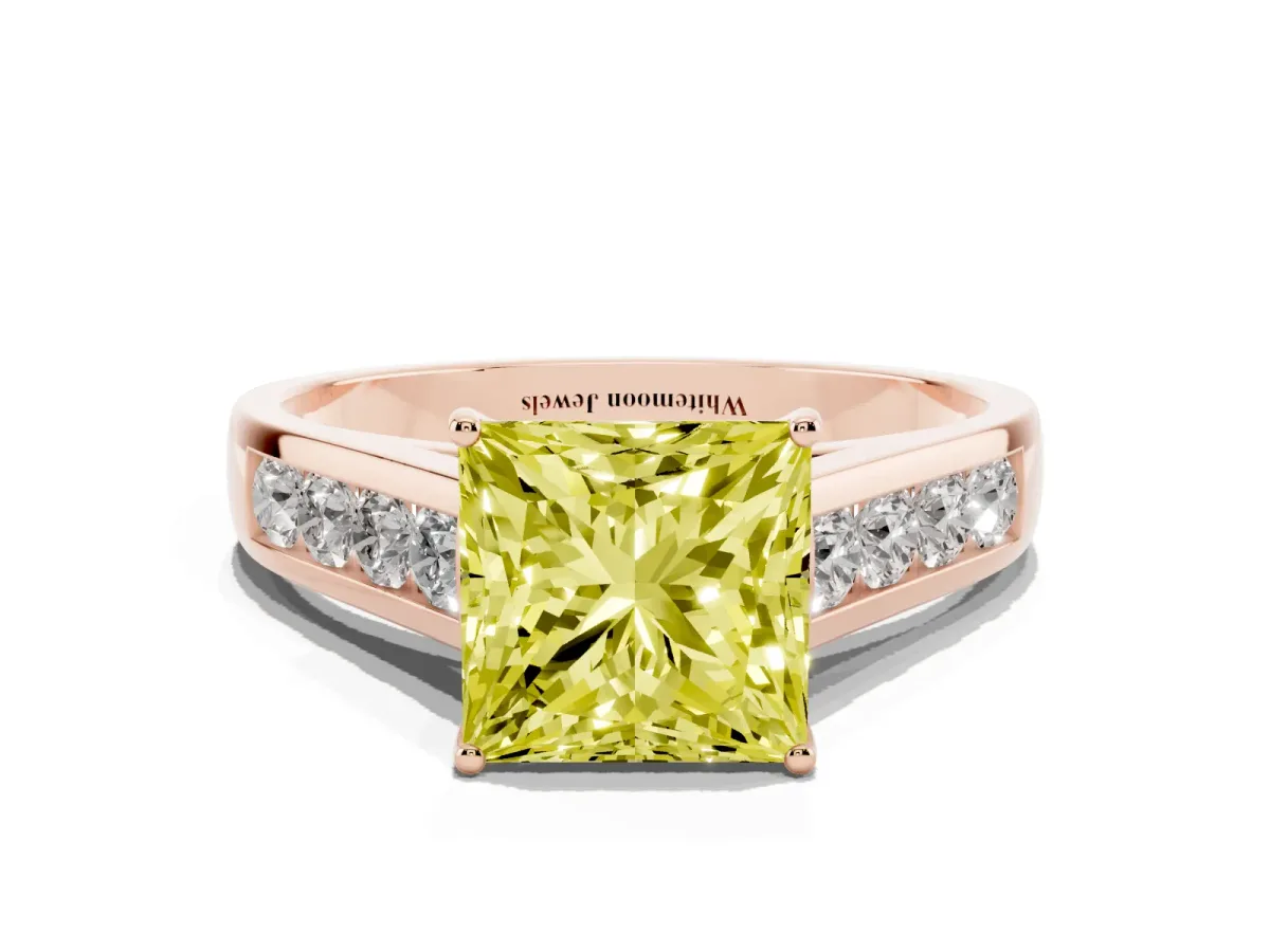 Fancy Yellow Princess Cut Brilliant Channel-Set Solitaire Ring with Four-Prong Setting Rose gold