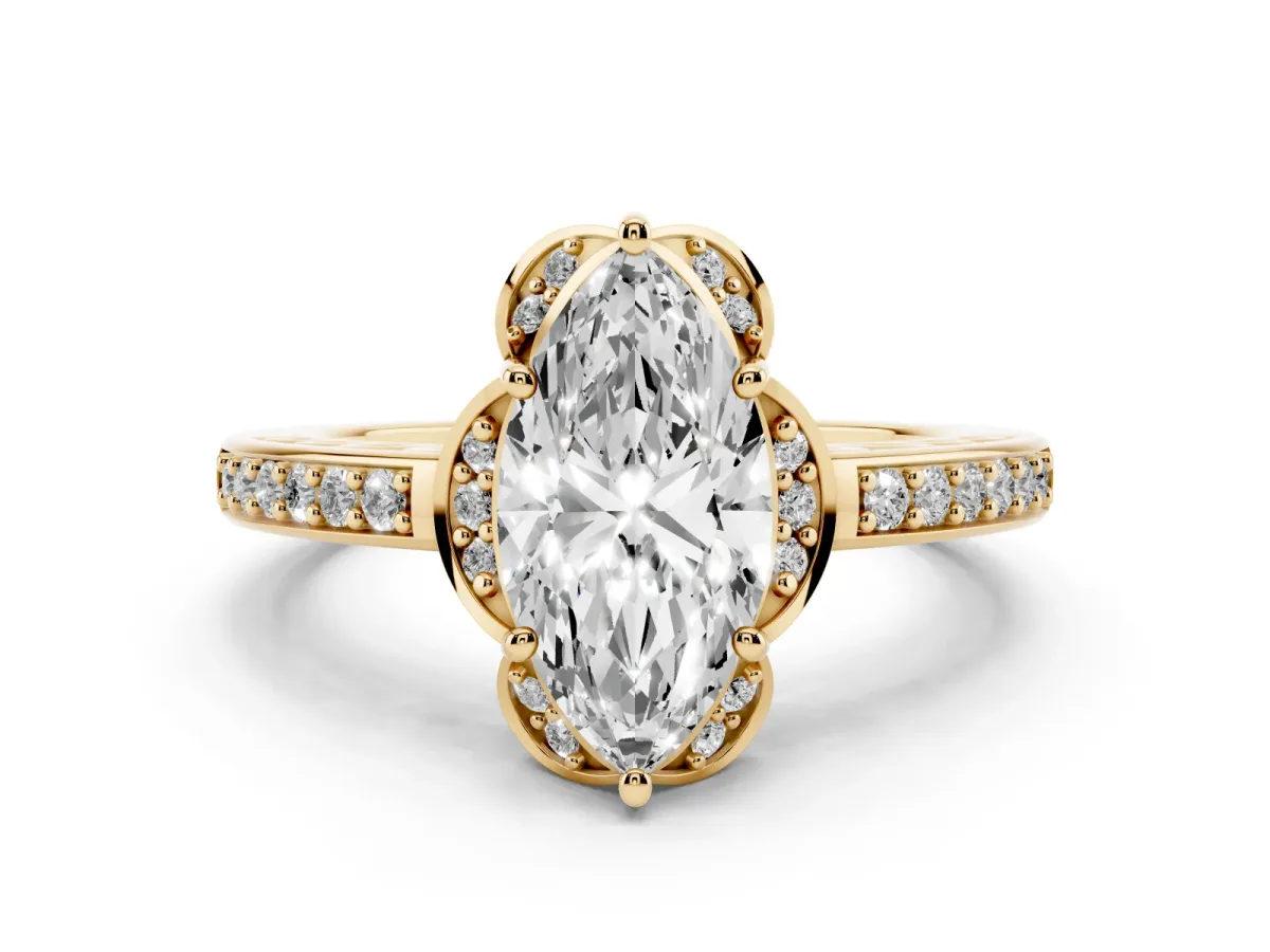 Marquise Cut Cut Halo Diamond Ring with Channel Set Band and Four-Prong Setting Yellow gold