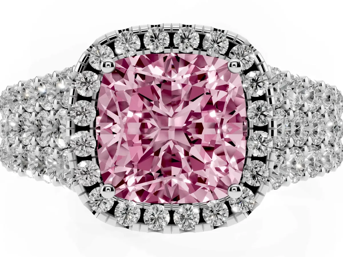 Fancy Pink Cushion Cut Diamond Halo Engagement Ring with Triple Row Round Pavé Band and Prong Setting Platinum