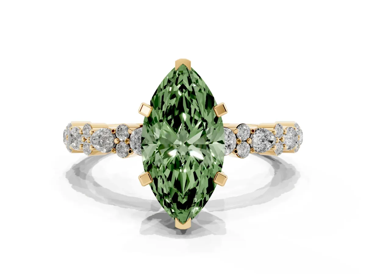 Fancy Green Marquise Cut Diamond Side Stone Solitaire Ring with Round and Four-Prong Setting Yellow gold