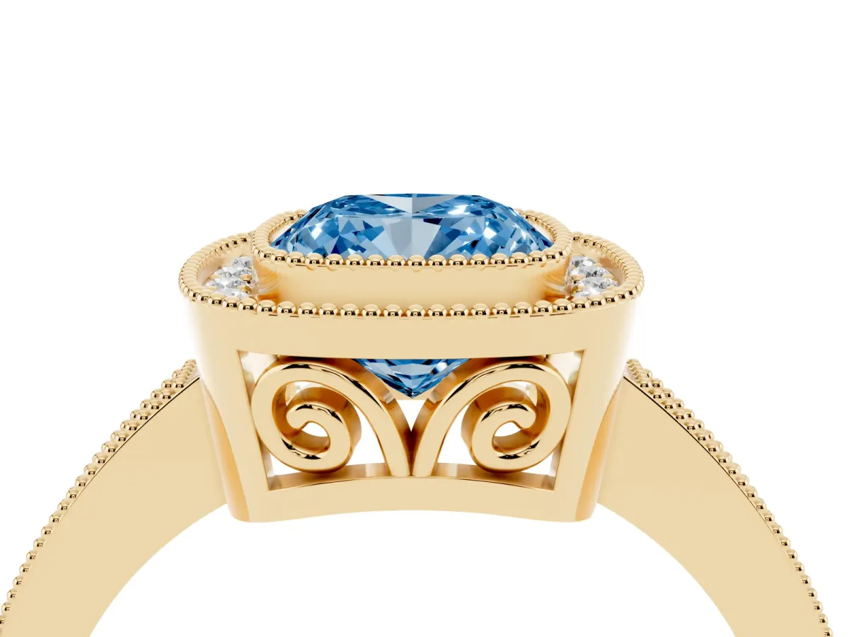 Fancy Blue Cushion Cut Cut Halo Diamond Ring with Pavé Band and Milgrain Prong Setting Yellow gold