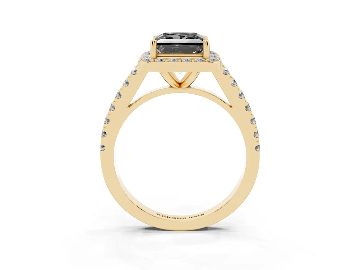 Fancy Black Princess Cut Diamond Halo Ring with Round Pavé Split Shank and Prong Setting Yellow gold