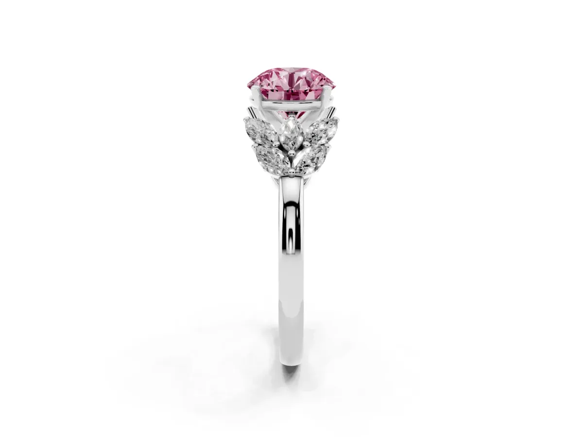 Fancy Pink Round Cut Diamond Cluster Leaf Design Ring with Prong Setting Silver