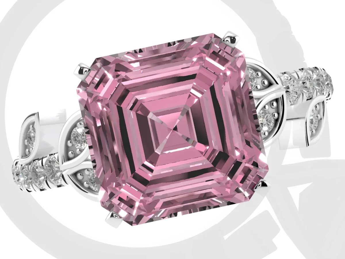 Fancy Pink Asscher Cut Solitaire Leaf-Inspired Diamond Ring with Pavé Band and Four-Prong Setting Silver