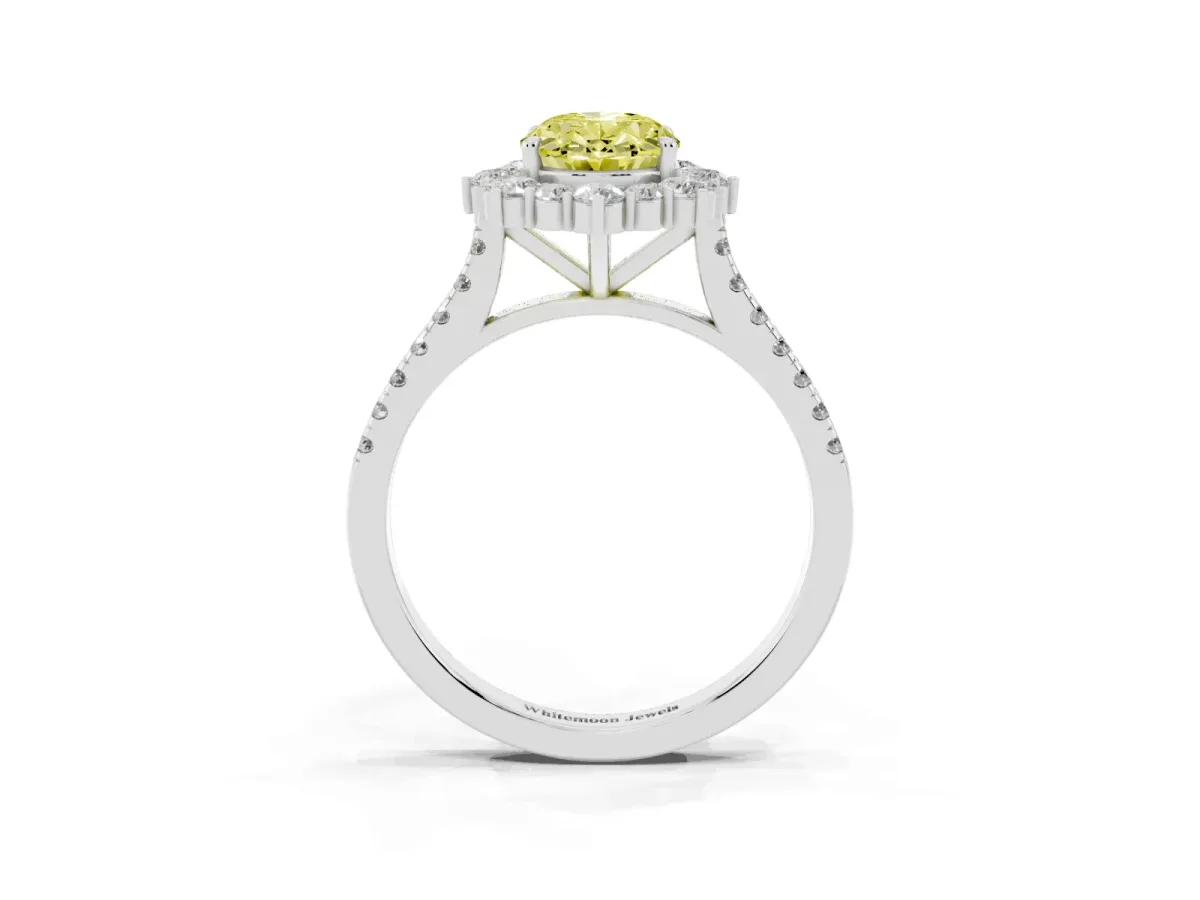 Fancy Yellow Oval Cut Halo Diamond Ring with Pavé Band and Prong Setting Silver