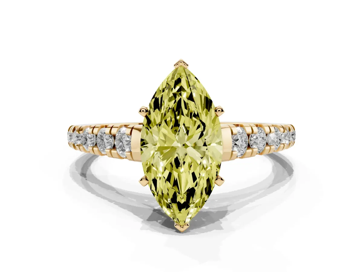 Fancy Yellow Marquise Cut Diamond Cathedral Solitaire Ring with Round Pavé Band Yellow gold