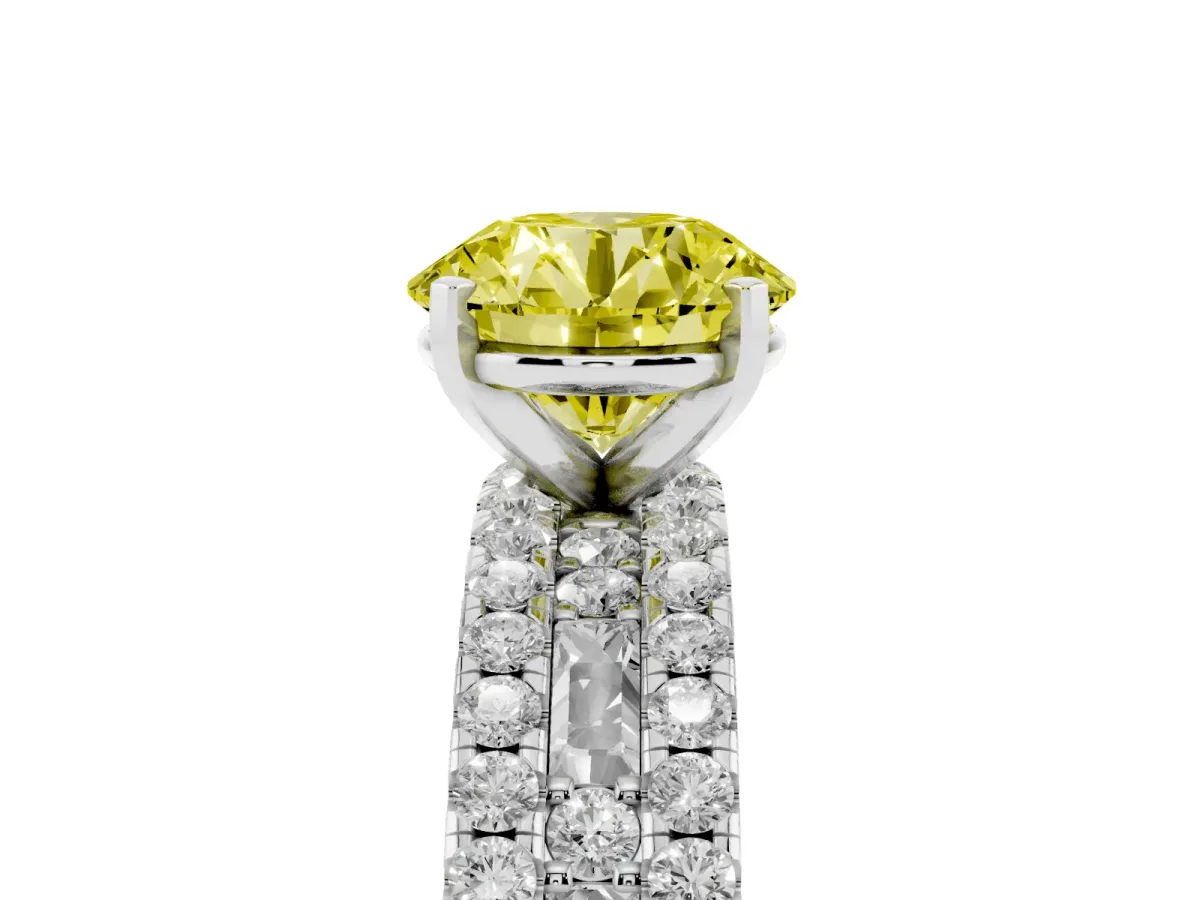 Fancy Yellow Round Cut Diamond Solitaire Ring with Pavé and Channel Set Band Silver