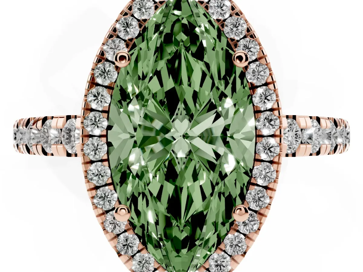 Fancy Green Marquise Cut Diamond Halo Ring with Pavé Band and Four-Prong Setting Rose gold