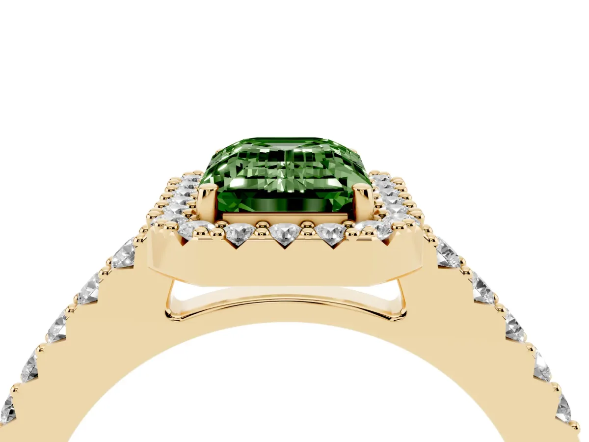 Fancy Green Emerald Cut Halo Diamond Pavé Solitaire Ring Yellow gold