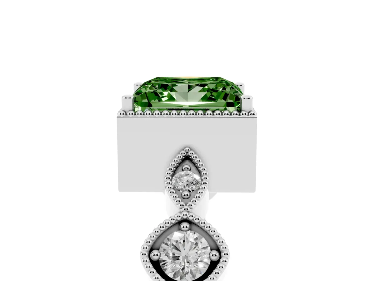 Fancy Green Princess Cut Diamond Vintage Milgrain Ring with Round Stations Silver