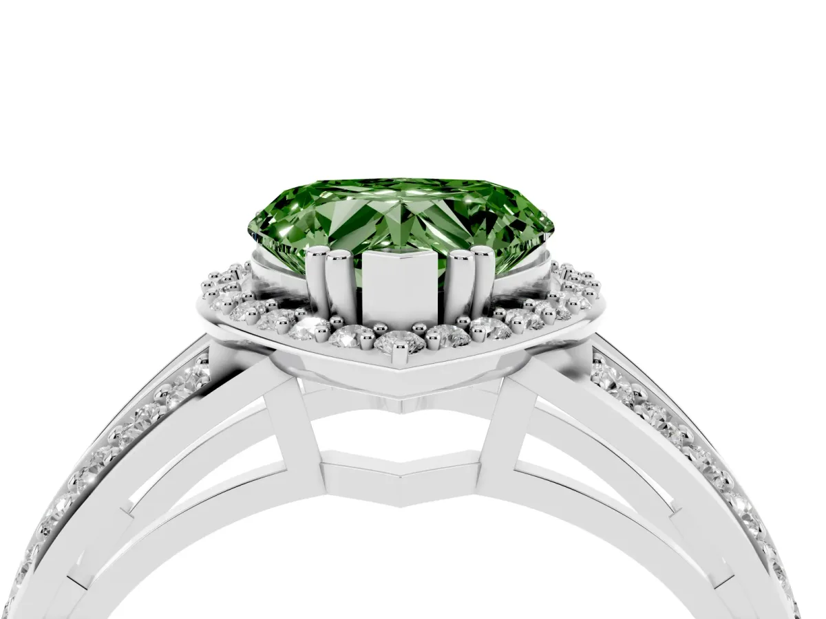 Fancy Green Heart Cut Diamond Halo Ring with Split Shank Pavé Band and Four-Prong Setting Platinum
