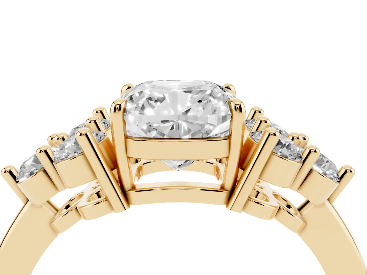 Cushion Cut Brilliant Diamond Cluster Accent Solitaire Ring with Prong Setting Yellow gold