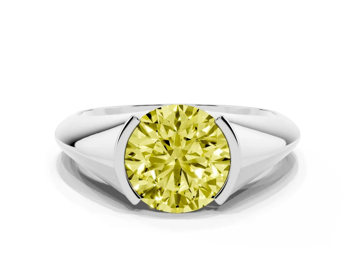 Fancy Yellow Round Cut Solitaire Tension Set Diamond Ring Silver