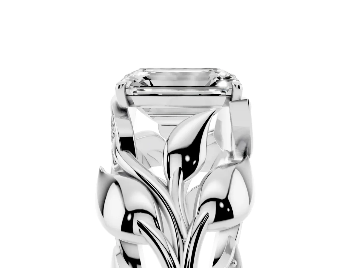 Emerald Cut Diamond Leaf-Inspired Engagement Ring with Round Accents and Prong Setting Silver
