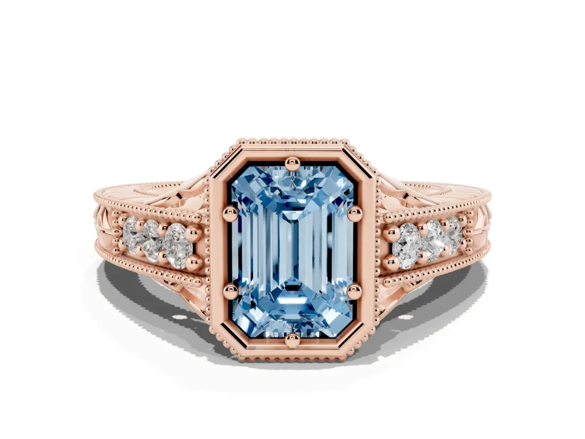 Fancy Blue Bezel Set Emerald Cut Diamond Milgrain Pave Engagement Ring Rose gold